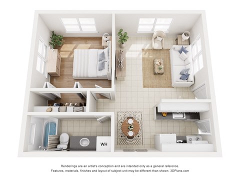 Floor plan for 1 bed, 1 bath, 600 sqft